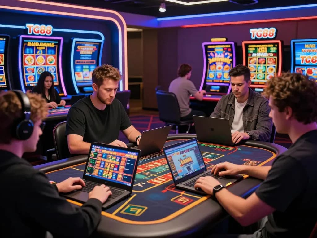 Diverse players enjoying games on TG88 platform with vibrant casino atmosphere and engaging interactions.