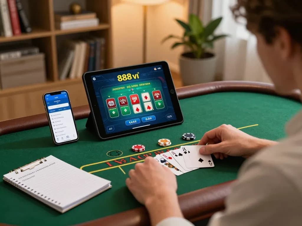 Experience strategic blackjack gameplay with 888vi in a cozy home setting.