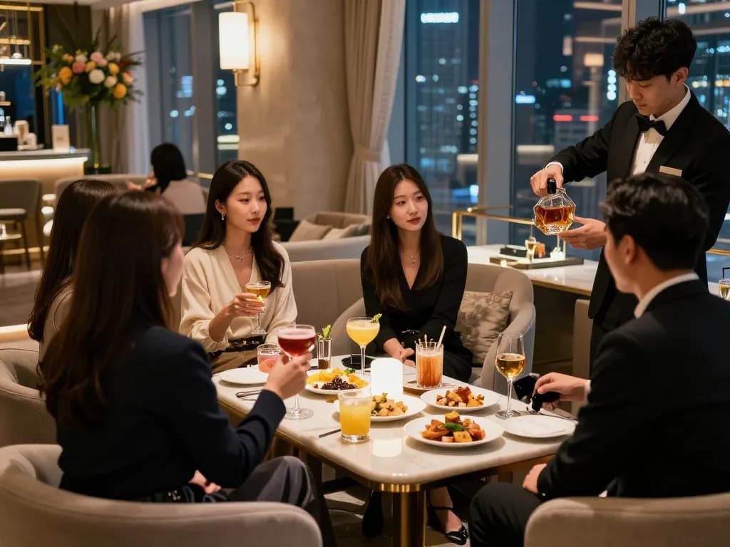 Experience the luxurious ambiance of 강남쩜오 nightlife with stylish guests enjoying premium drinks in a sophisticated lounge.