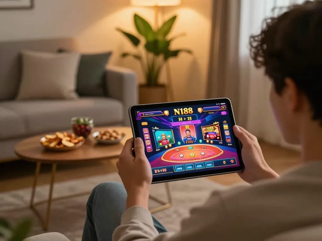 Playing casino games on https://n188.build/ during a cozy evening at home, showcasing engaging online gaming.