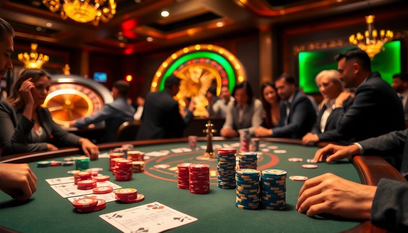 SODO66 players engaging at an upscale casino poker table with vibrant cards and chips.