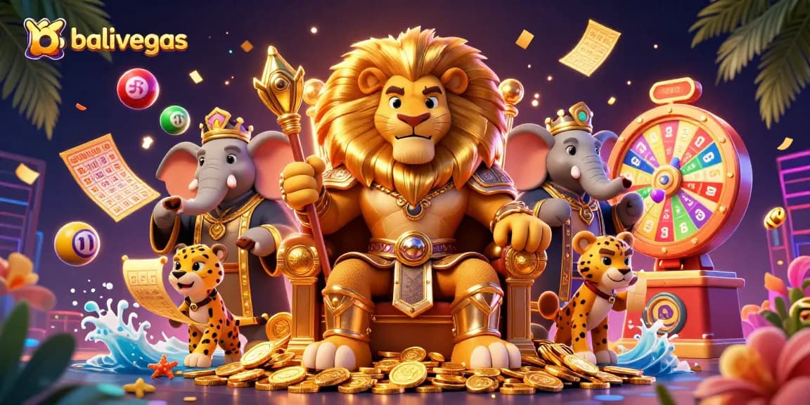 Bermain di balivegas dengan singa raja, gajah penasihat, dan cheetah kurir di latar kasino yang ceria.