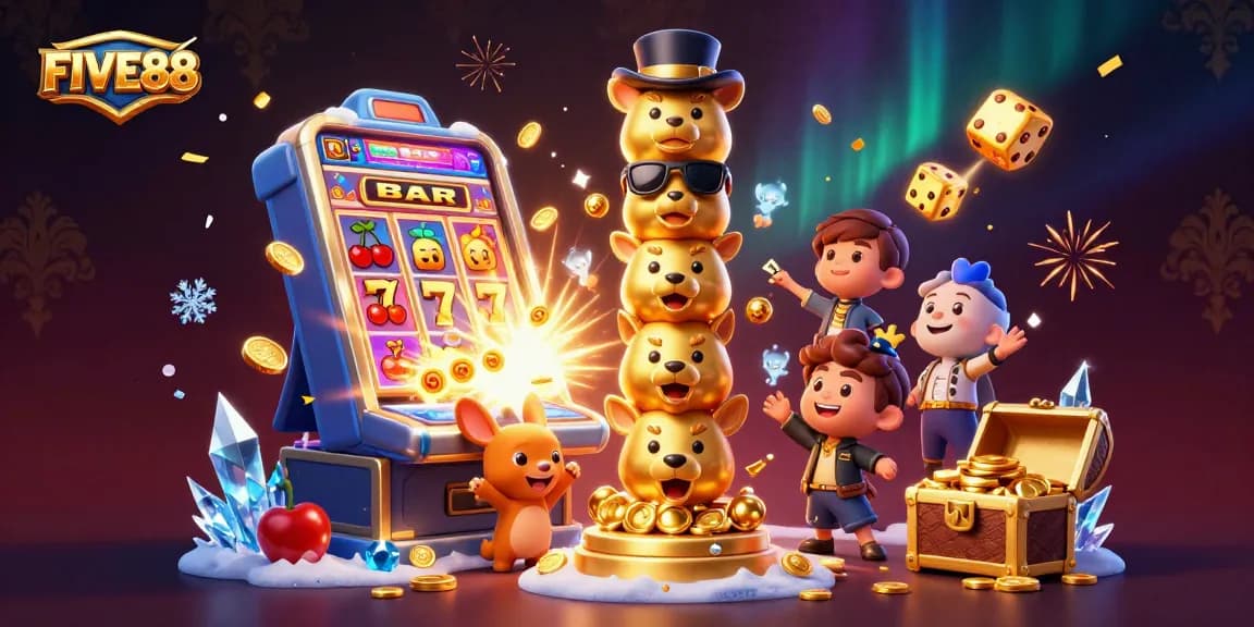 Experience the excitement of FIVE88 with a dynamic 3D casino scene featuring vibrant slot machines and enchanting characters.