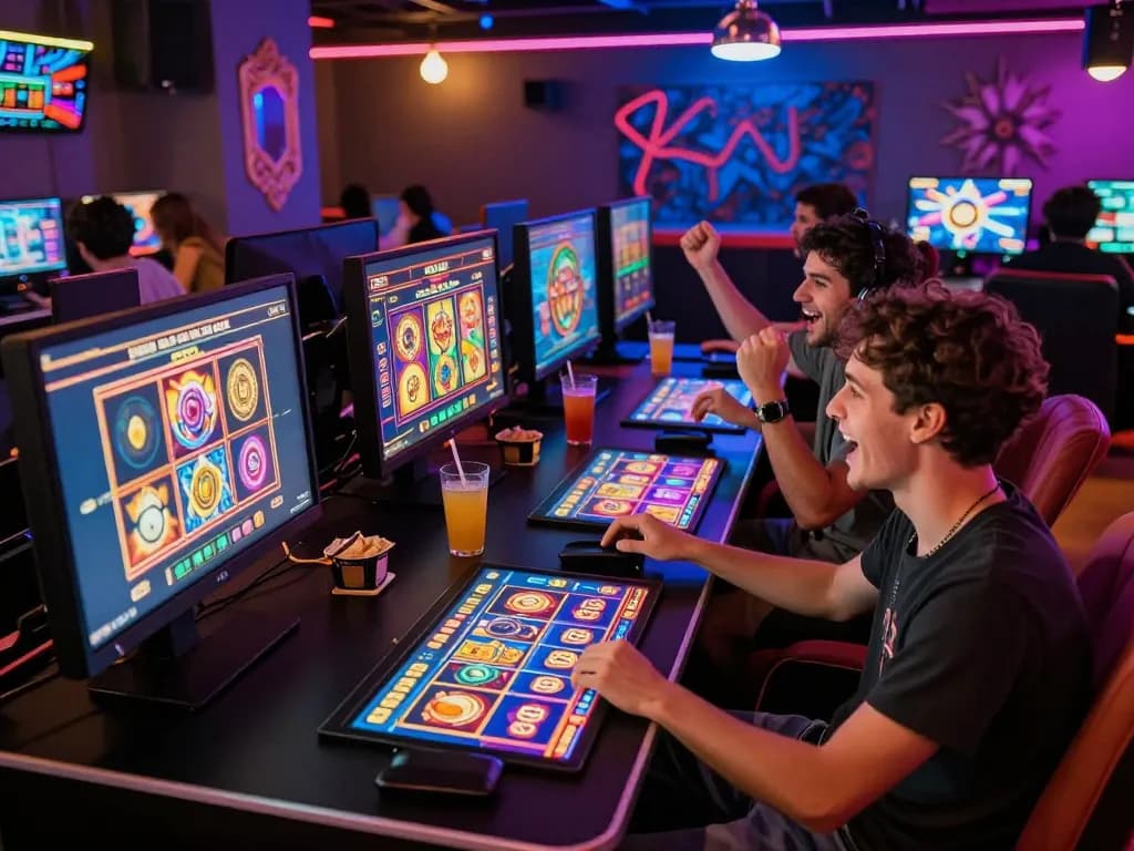 Friends enjoying the ligasedayu online gaming experience in a neon-lit lounge.