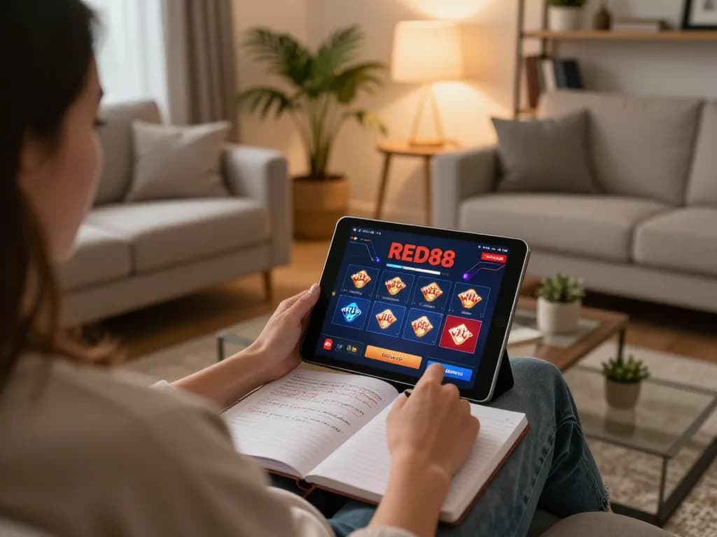 Engaging with the RED88 gaming interface during a cozy home gaming session.