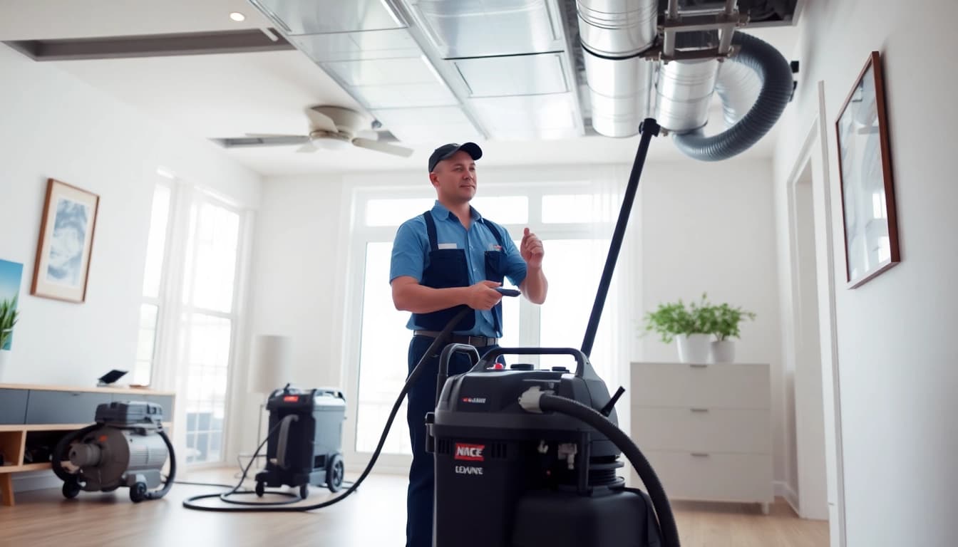 Expert technician performing an Air Duct Cleaning Service, enhancing indoor air quality with professional equipment.