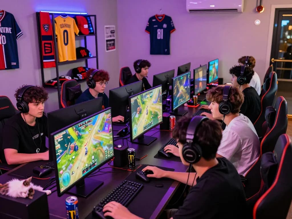 Gamers engaged in the lively ligasedayu online gaming community with vibrant merchandise.
