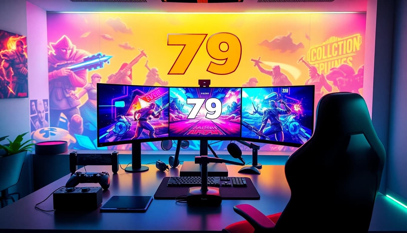 Engaging gaming setup with '79king' theme showcasing vibrant displays and interactive elements.