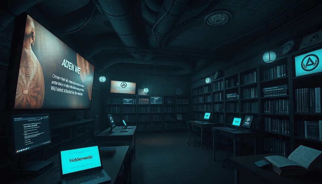 Exploring the hidden wiki showcases a dark web library with .onion links and privacy symbols.