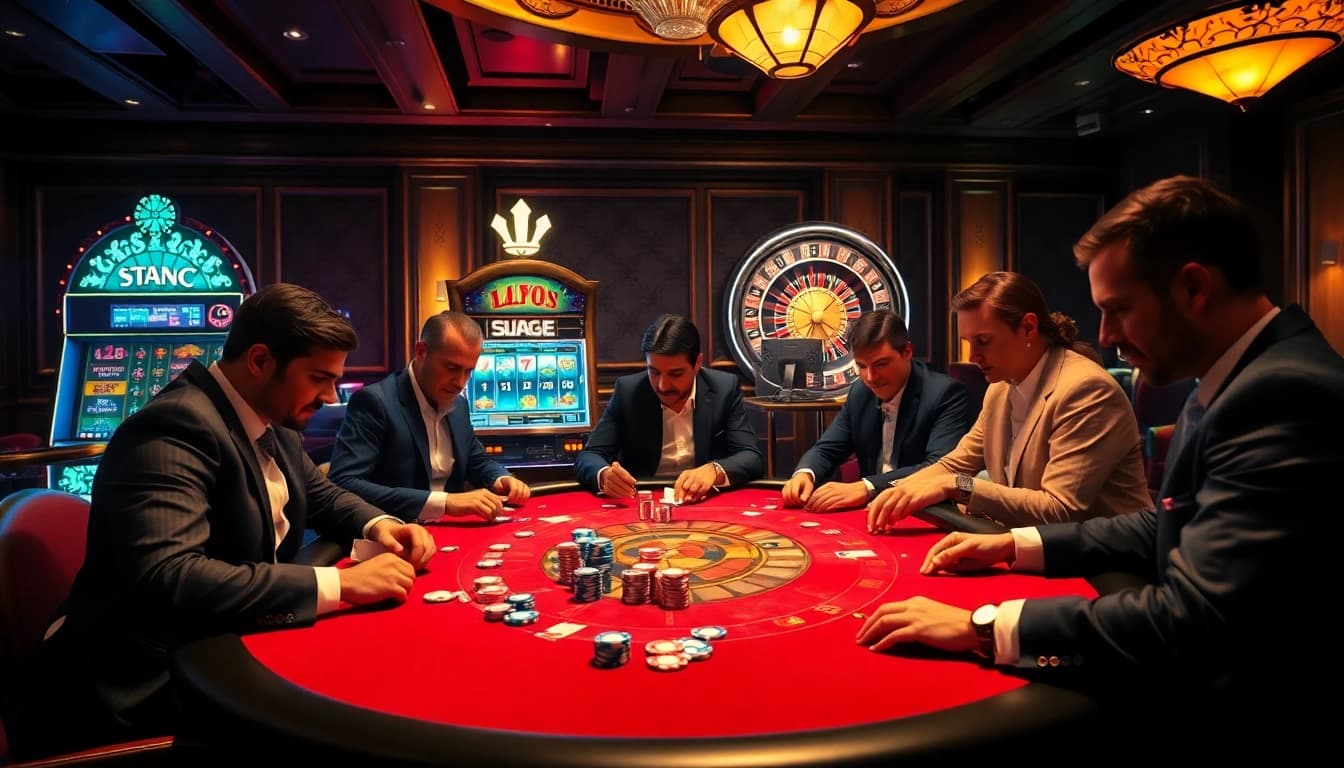 A high-stakes poker table scene at https://kjc.money/ showcasing luxury, excitement, and modern gambling technology.