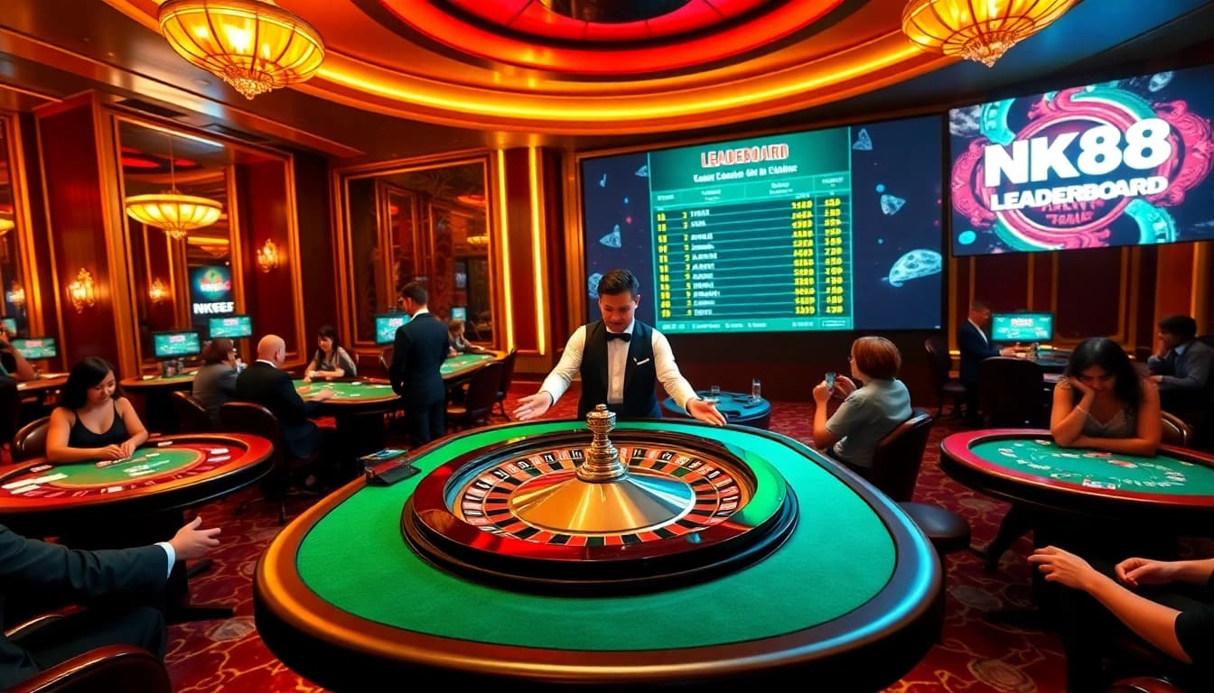 NK88 casino scene with players engaged around a roulette wheel and vibrant tables.
