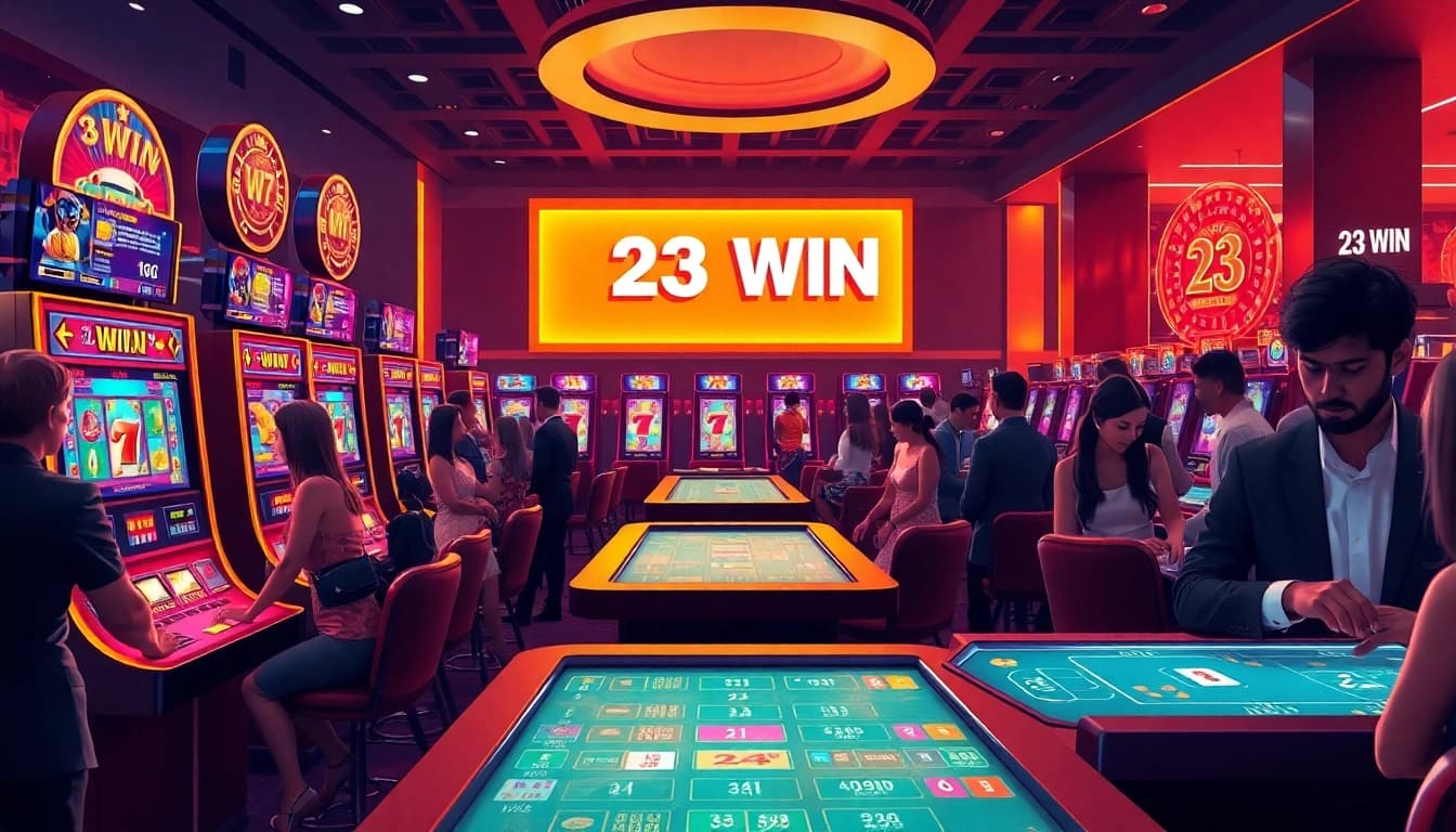Experience the thrill of 23 WIN casino with vibrant gameplay, luxurious setting, and diverse players.