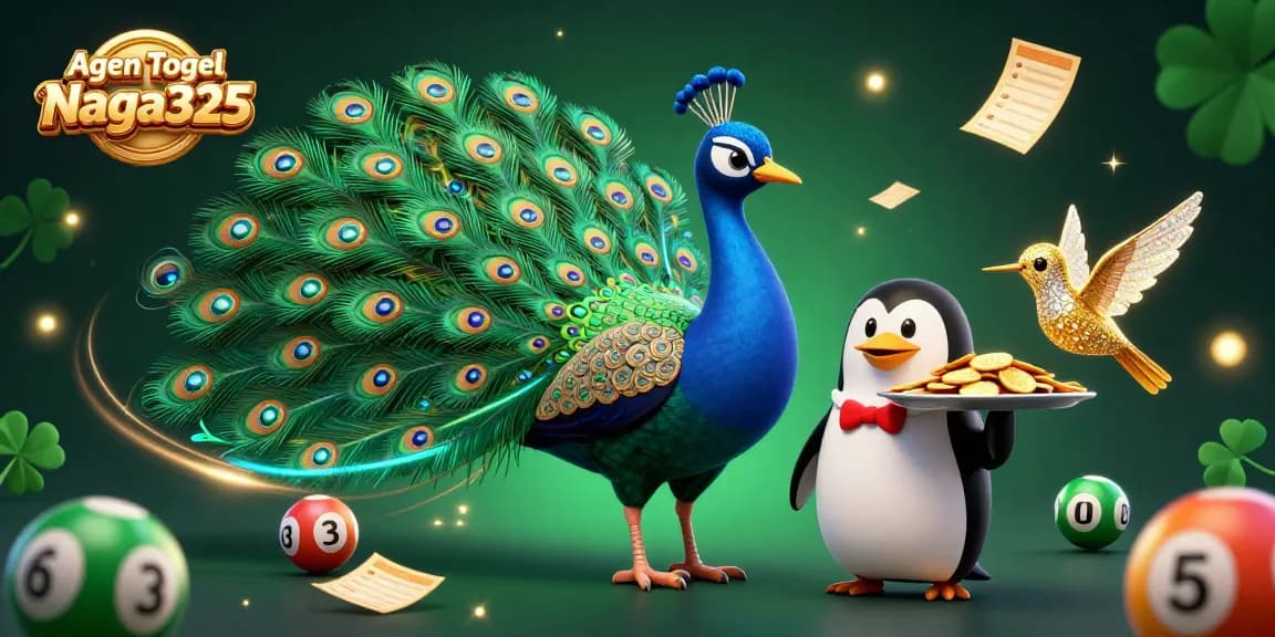 Agen Togel Naga325 showcases colorful lottery balls and betting slips in an engaging 3D casino illustration.