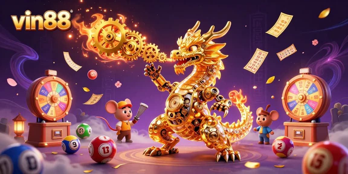 Spin the reels at vin88 with a golden dragon and colorful lottery elements for exciting wins.