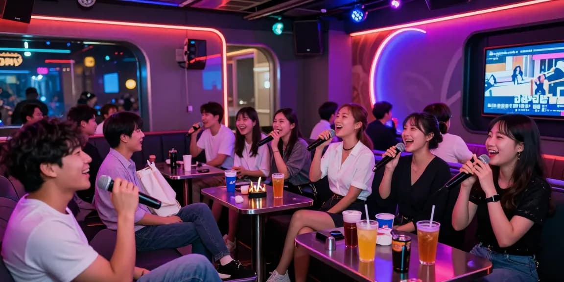 인천쓰리노의 화려한 노래방에서 손님들이 즐겁게 노래하고 사교하는 모습