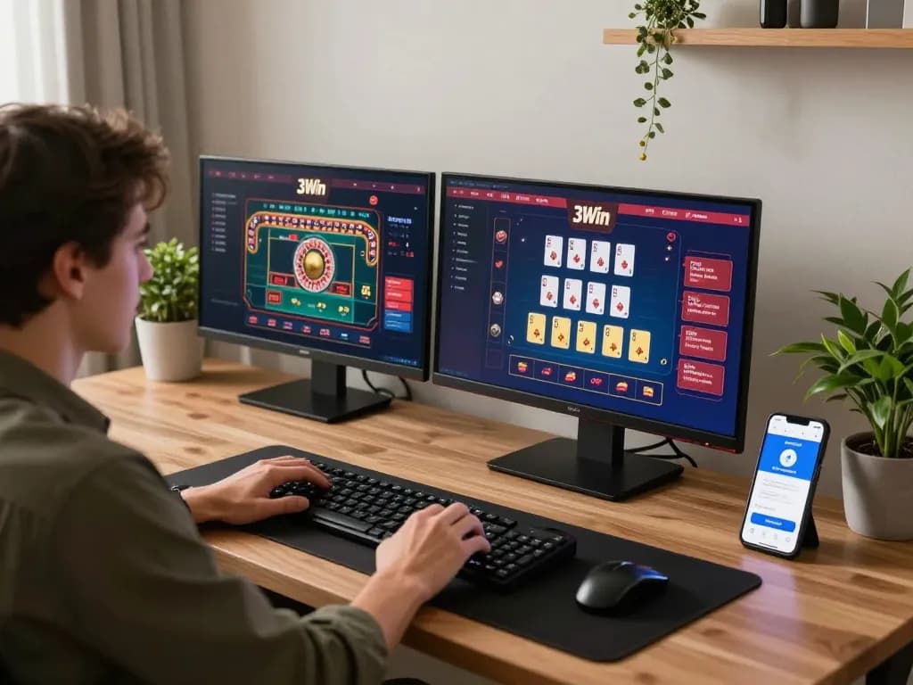 3Win's player engaging in strategic online gaming session with multiple screens displaying casino games