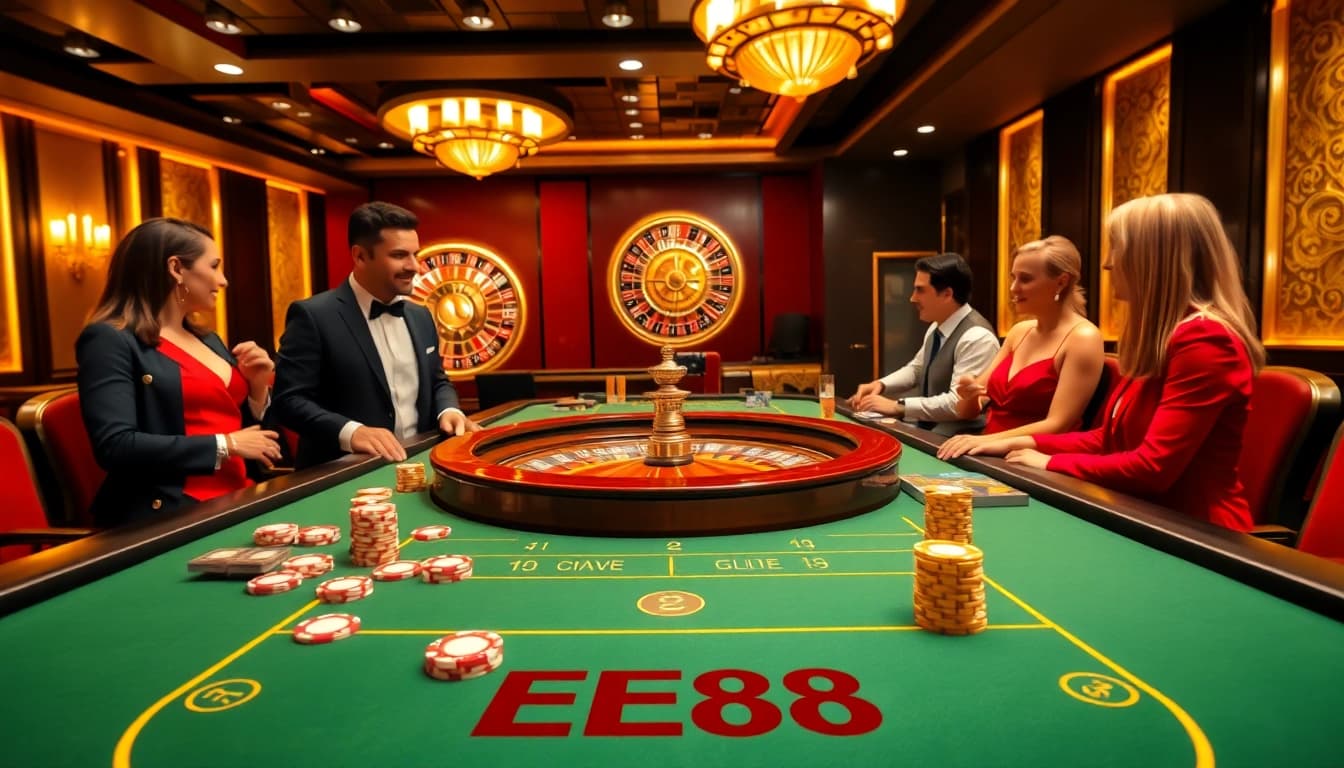 EE88 gaming table showcasing excitement with players engaged in thrilling bets and a spinning roulette wheel.