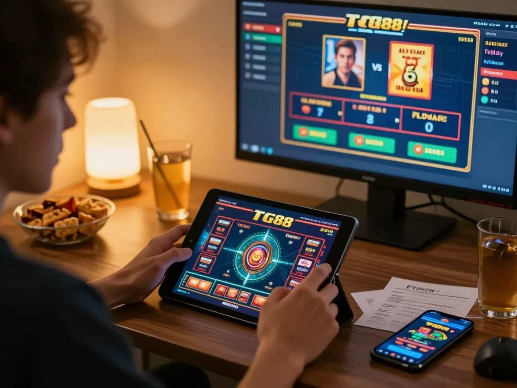 TG88 player engaging with casino game on tablet in cozy home setup with snacks and strategic notes
