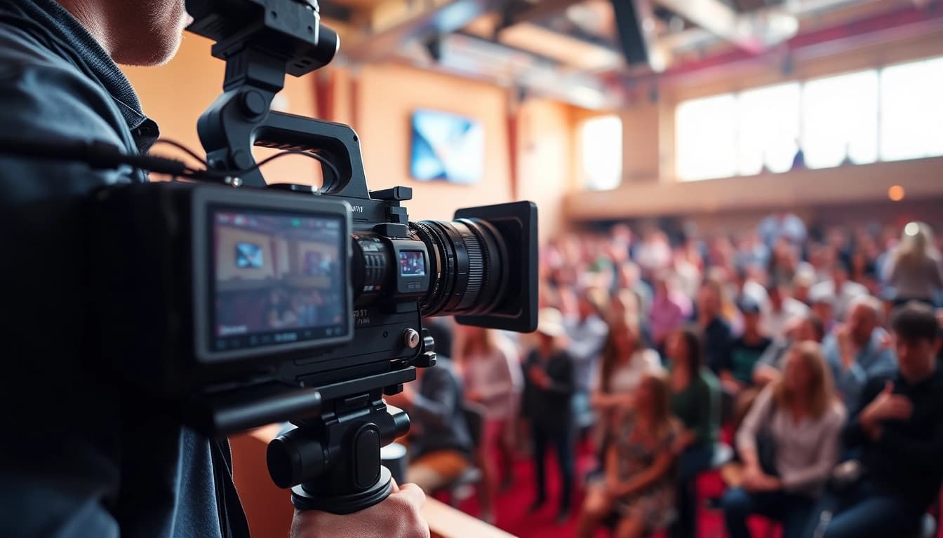 Engaging on-site videography capturing vibrant event moments with a professional camera setup.