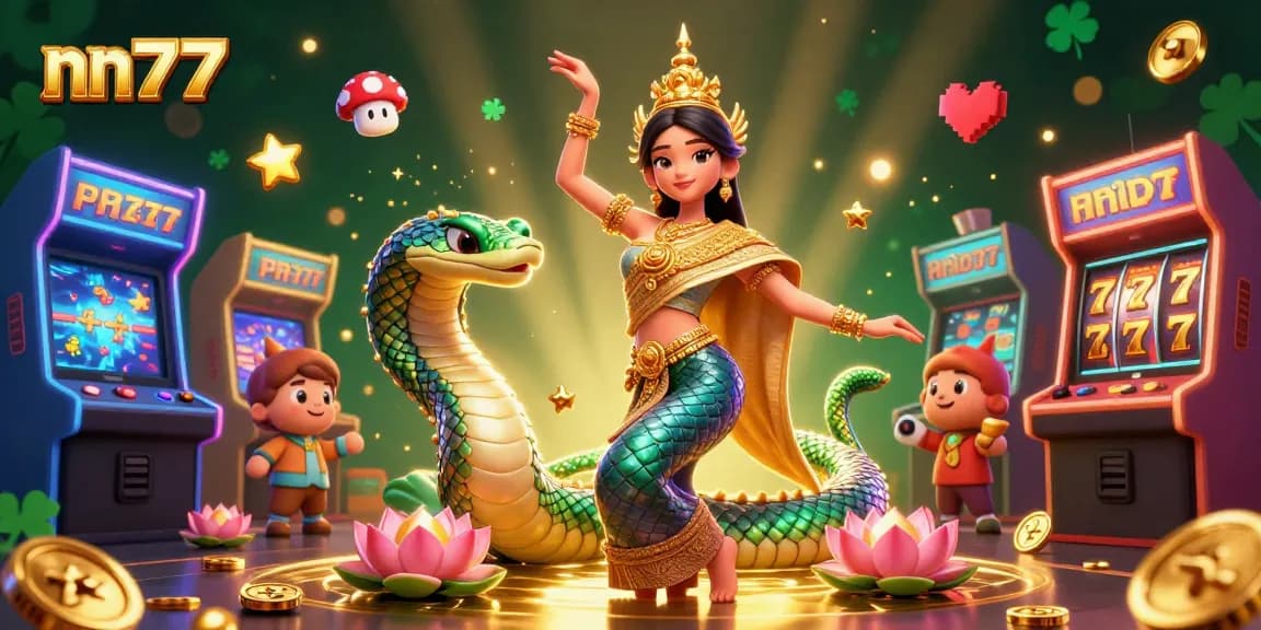 Experience exciting gaming action with nn777 featuring a dancing Asian woman, Naga serpent, and colorful casino elements.