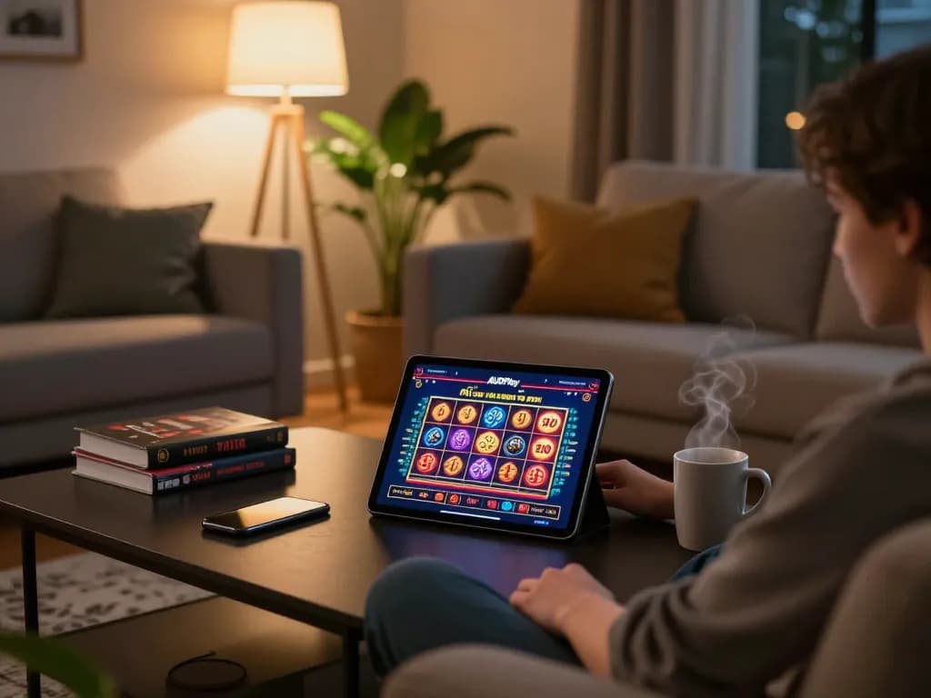 A player enjoying the thrill of aud play on their tablet in a cozy home setup, highlighting online gambling dynamics.