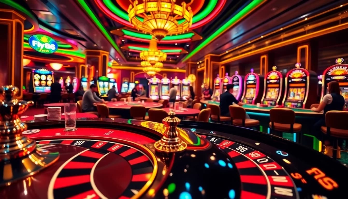 Experience thrilling games at Fly88 casino with vibrant tables and slot machines.