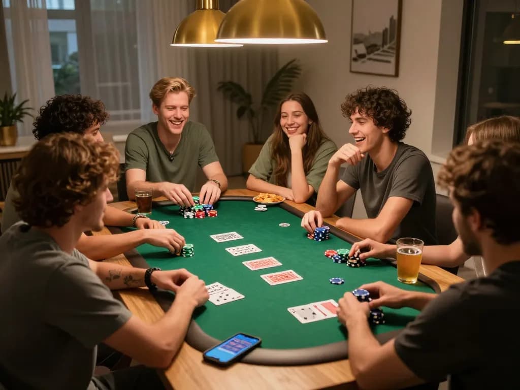 Friends enjoying poker night with vipwin app visible on smartphone, creating a lively game atmosphere.
