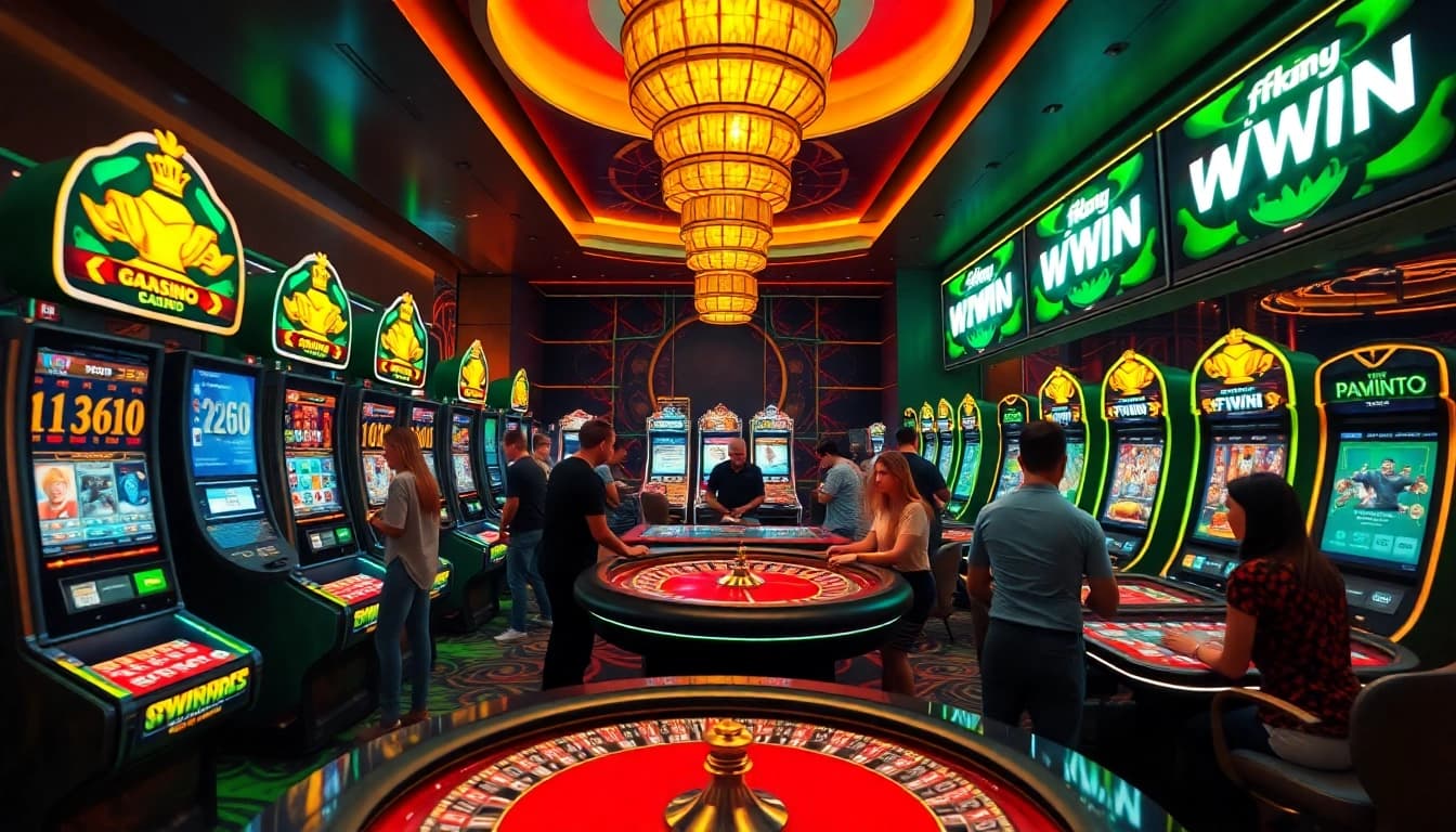 FFWIN online betting platform featuring a vibrant casino scene with diverse players enjoying slots, poker, and roulette.