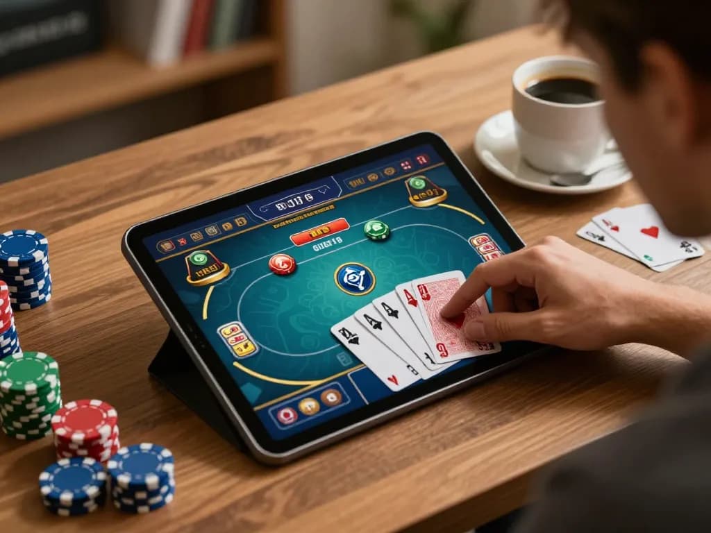 uu88 players engaged in an online poker game on a tablet in a cozy home setting