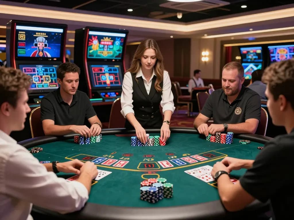 Engaged players at a baccarat table in a vibrant online casino, showcasing the excitement of 바카라사이트 gaming.
