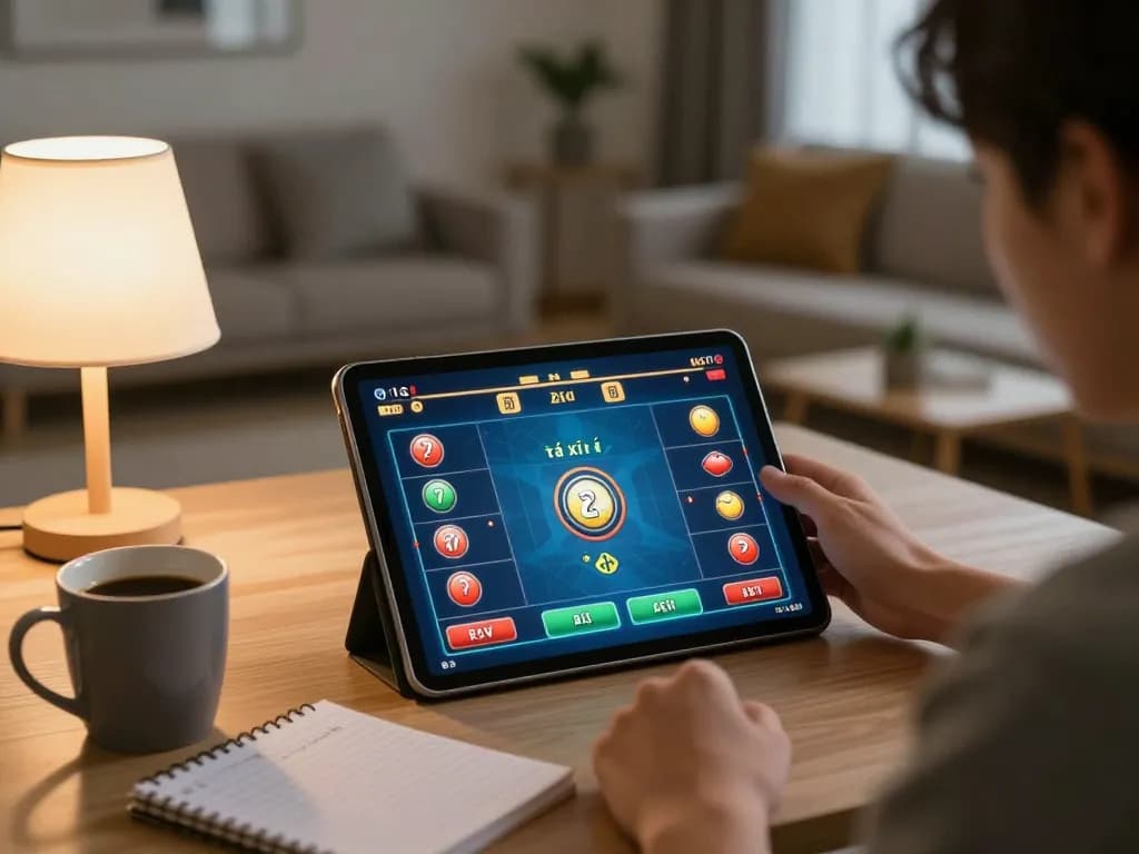 Engaging in tài xỉu online gameplay at home, with a tablet and betting notes on the table.