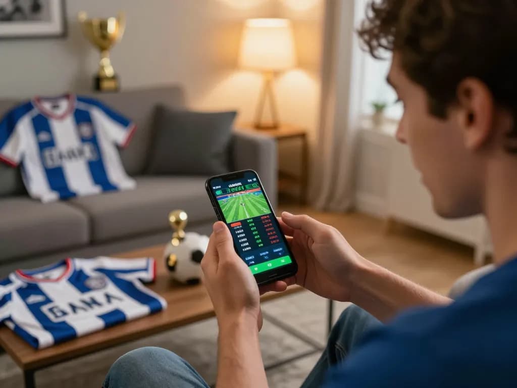 Excitedly placing sports bets on the FIVE88 mobile app in a vibrant home setting.