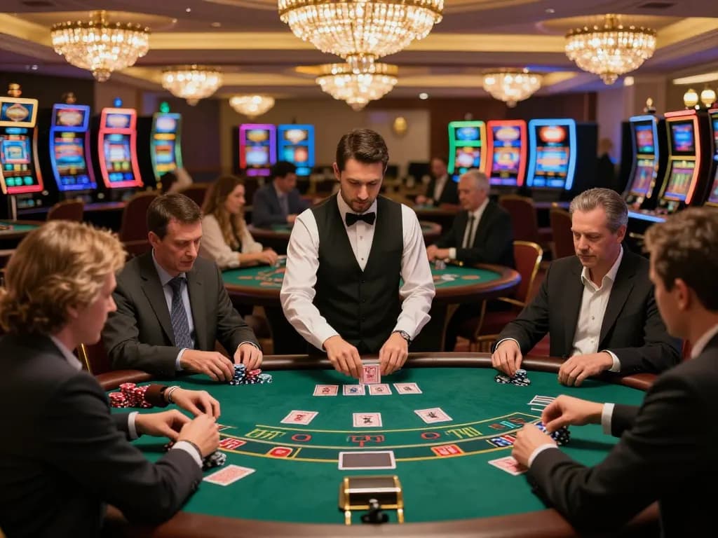 M88 mới nhất hôm nay thể hiện một môi trường blackjack hấp dẫn với những người chơi đang đặt cược một cách chiến lược trong một casino sang trọng.