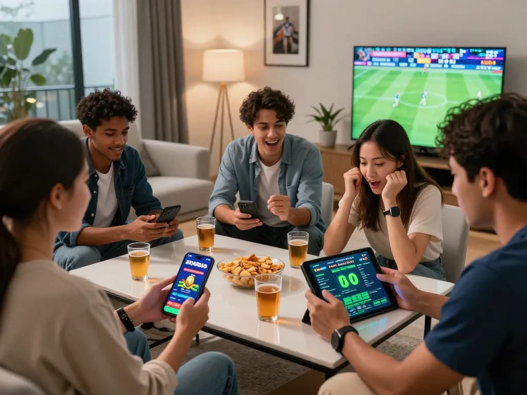 Friends using https://bong99vn.win/ on their smartphones during an exciting sports betting night.