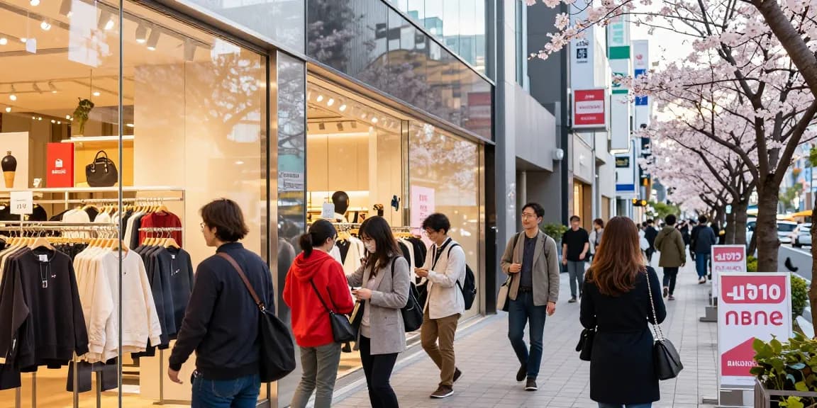バクネ店舗横浜を探索するショッパーたち、活気に満ちた都市の雰囲気の中でトレンディなリカバリーウェアを展示する鮮やかな小売体験。