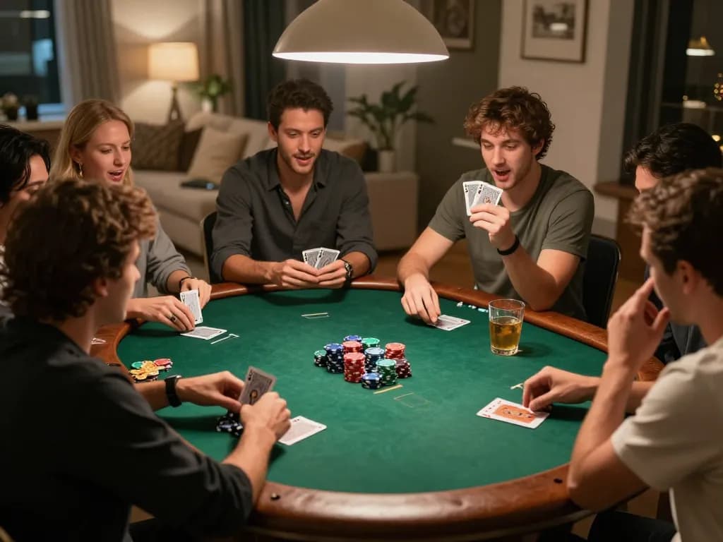 Players strategizing in a home poker game, showcasing 98win gameplay dynamics and social interaction.