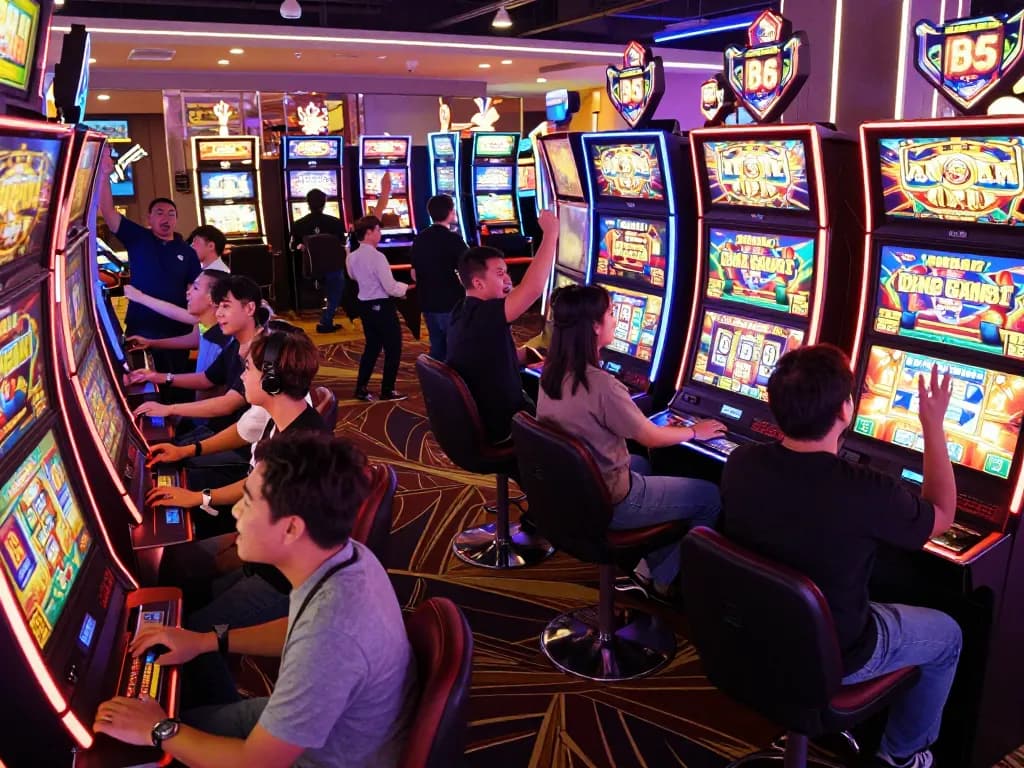 Excited players enjoying slot gacor games with vibrant neon lights and festive atmosphere in a casino.