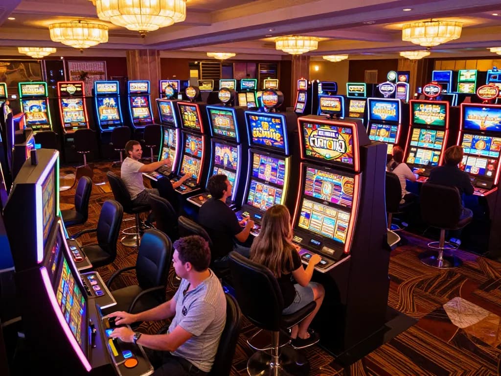 Players celebrating wins at slot machines in a lively casino area with vibrant neon lights.
