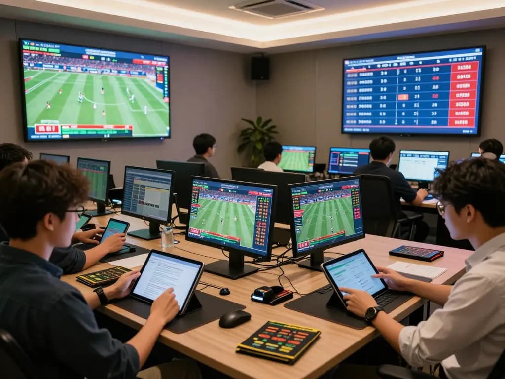 Engaging kèo nhà cái sports betting setup at home with dynamic screen displays and enthusiastic players.