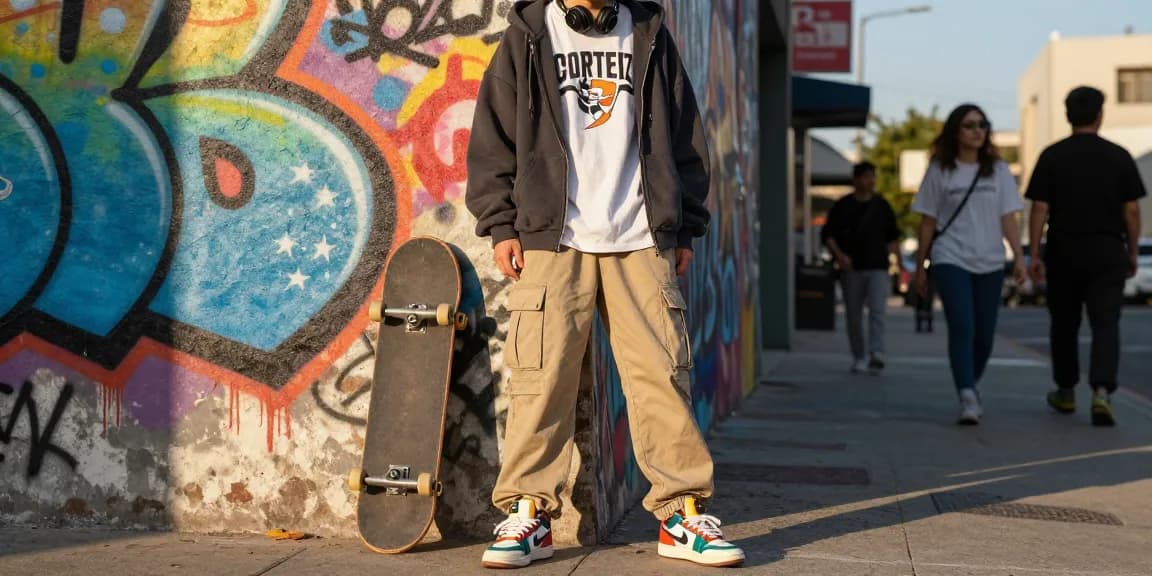 Corteiz streetwear fashion scene featuring cargo pants and hoodie against vibrant graffiti wall.