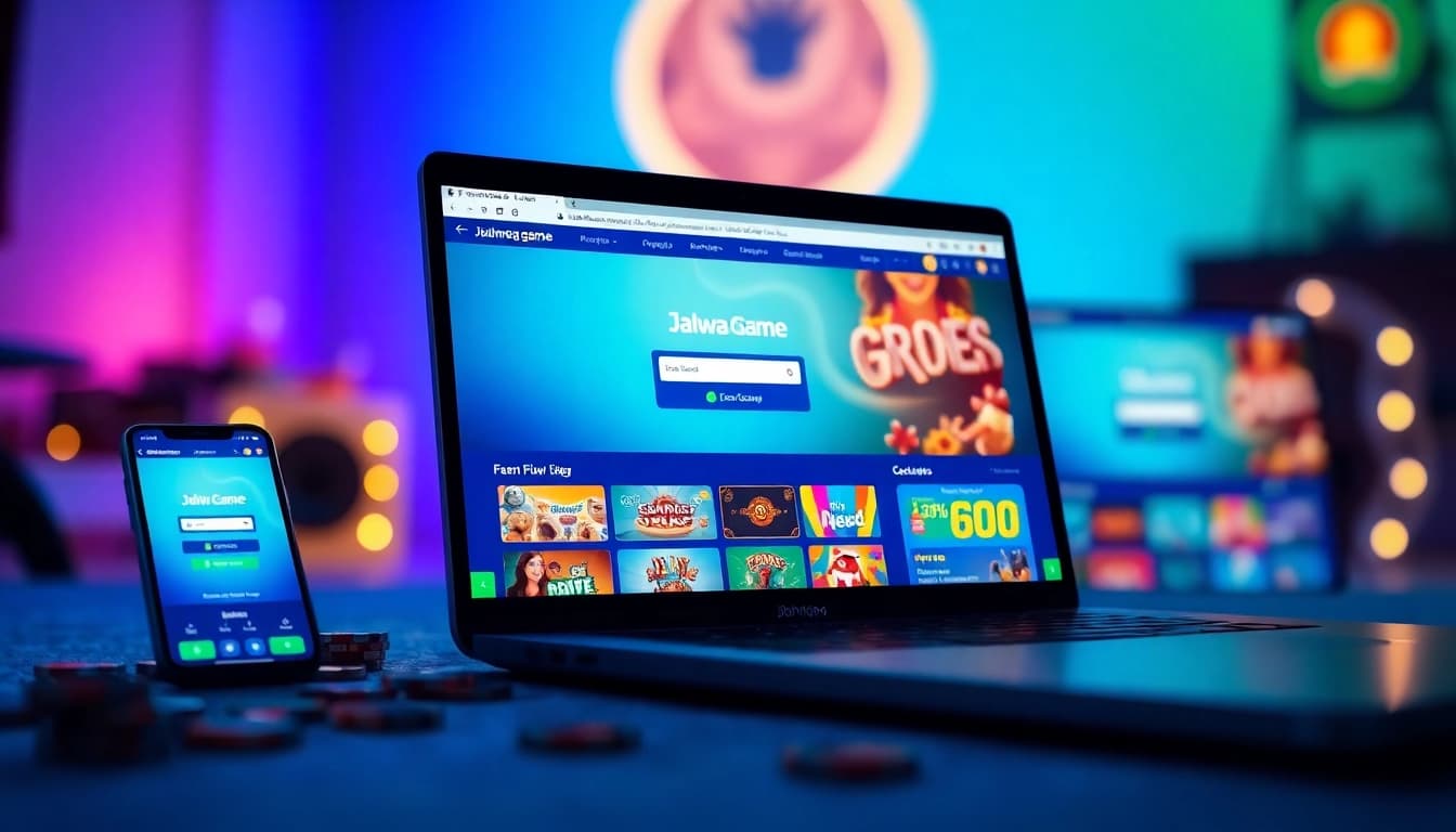 Experience seamless gaming with Jalwa login displayed on mobile and laptop devices, showcasing a vibrant gaming portal.