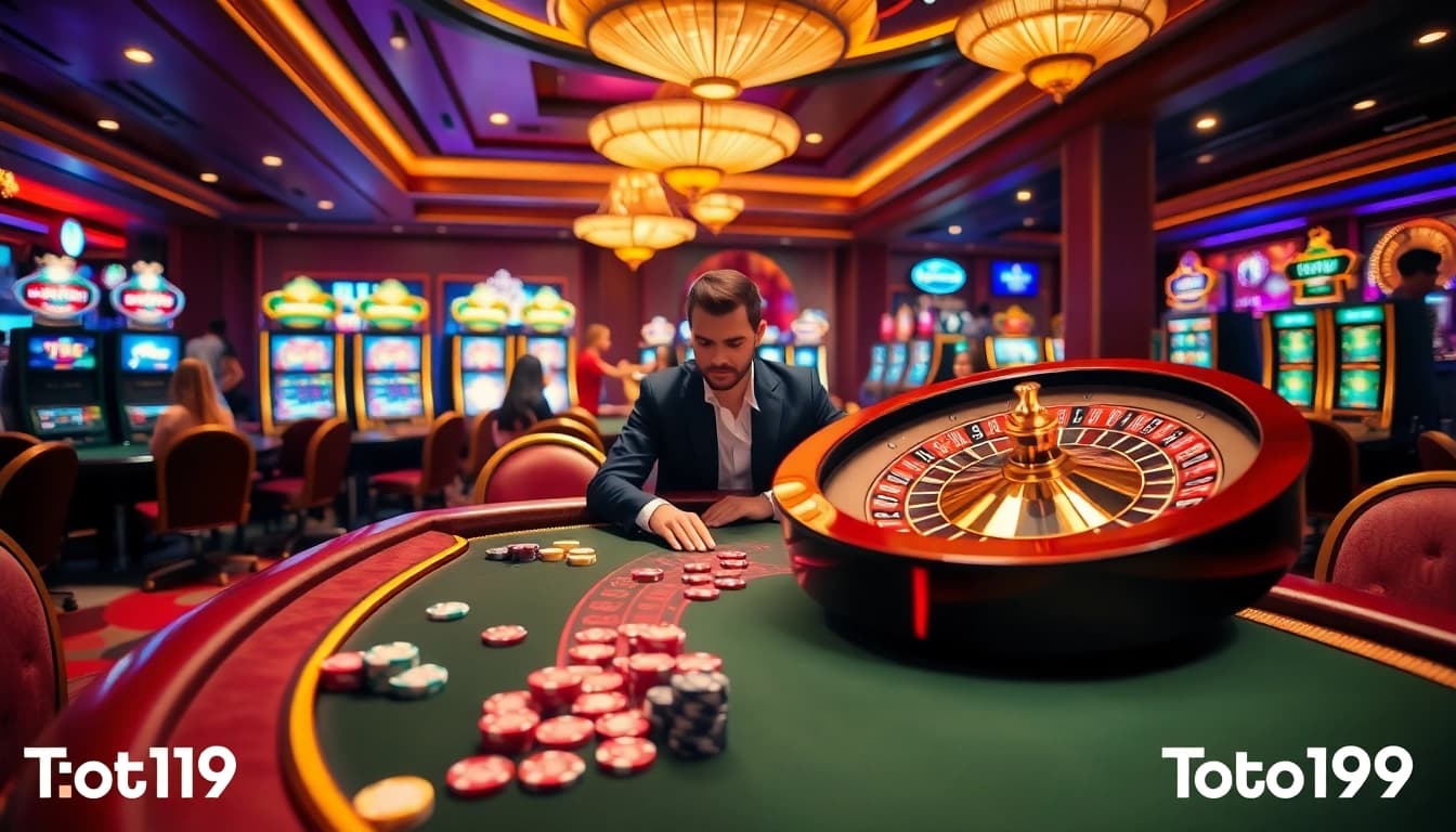 Toto919 casino scene with a professional gambler at a baccarat table amid colorful slot machines.