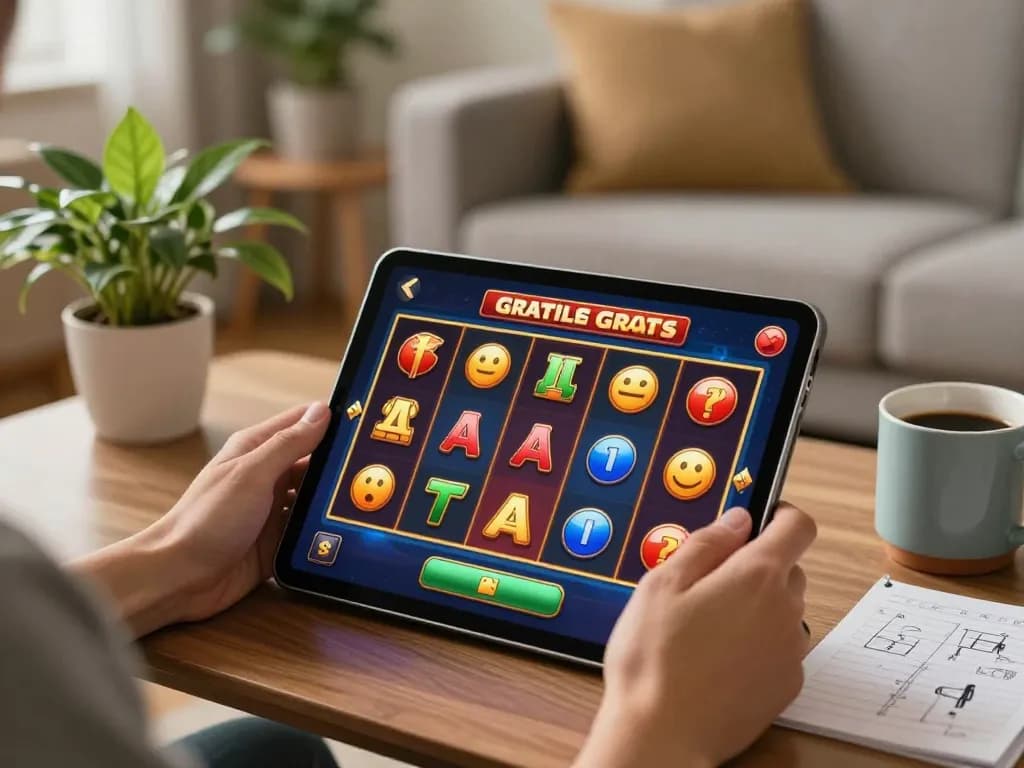 Playing slot gratis on a tablet in a cozy home setting with colorful spinning reels