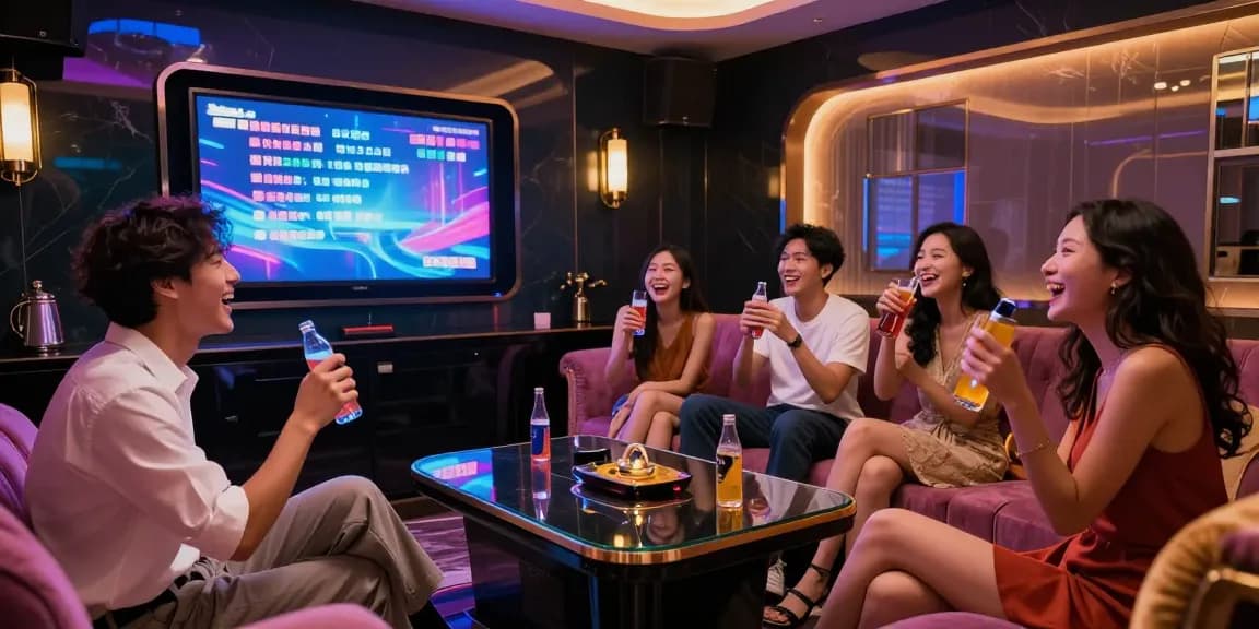 강남가라오케에서 친구들과 함께 즐거운 시간을 보내는 모습, 고급스러운 인테리어와 음향 시스템이 돋보이는 프라이빗 룸에서의 즐거움.