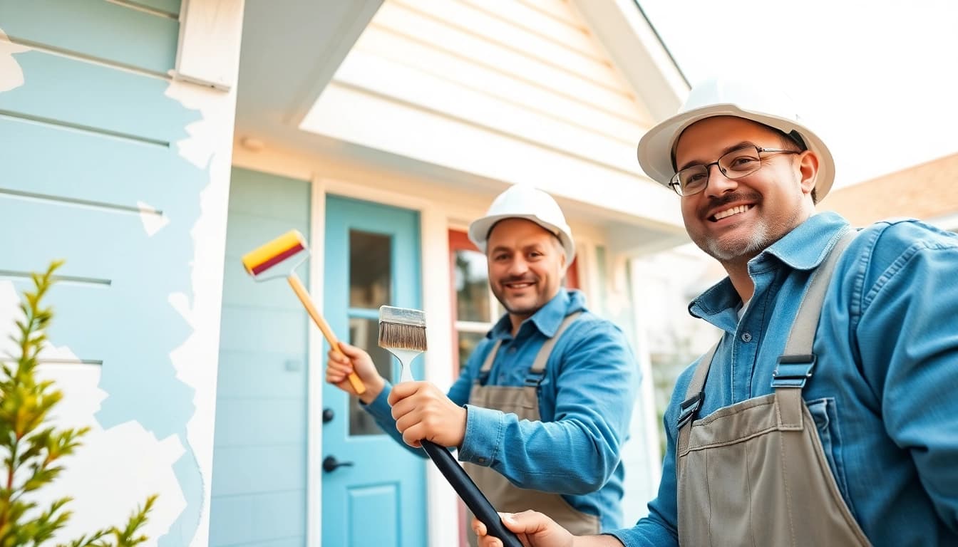 House Painters expertly transforming a suburban home with vibrant paint.