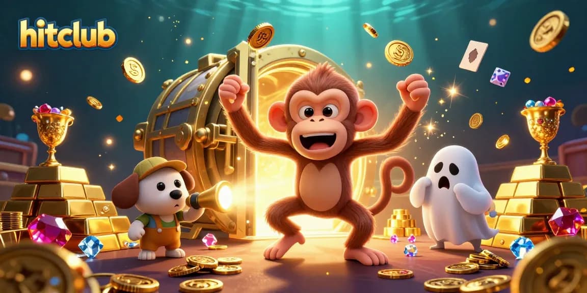 Experience hitclub's magical casino with a mischievous monkey and ghost-hunter puppy amidst golden treasures.
