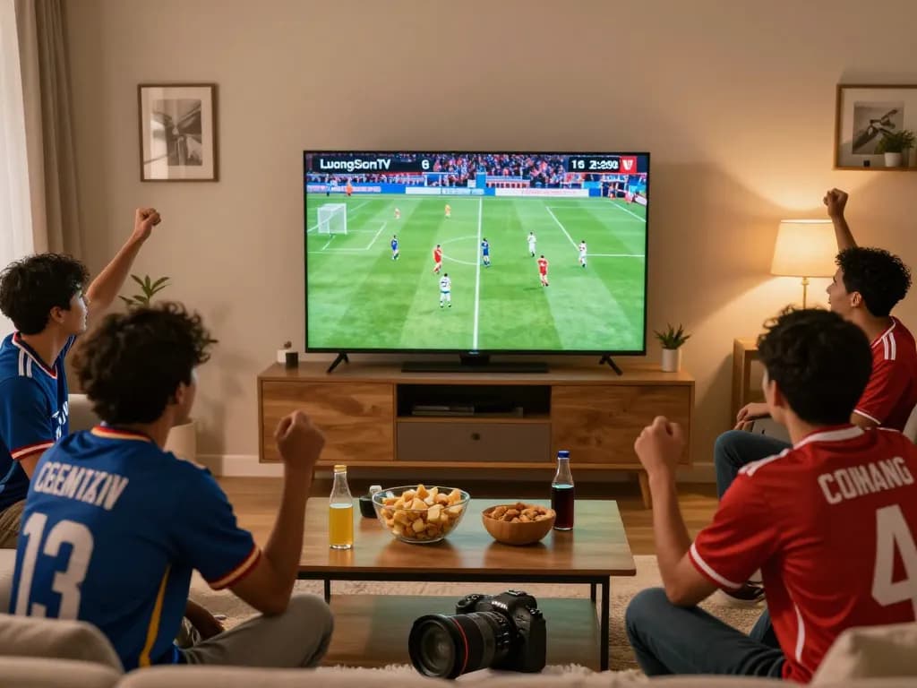 Football fans enjoying live football match on lương sơn tv in cozy living room, excitement and snacks present.