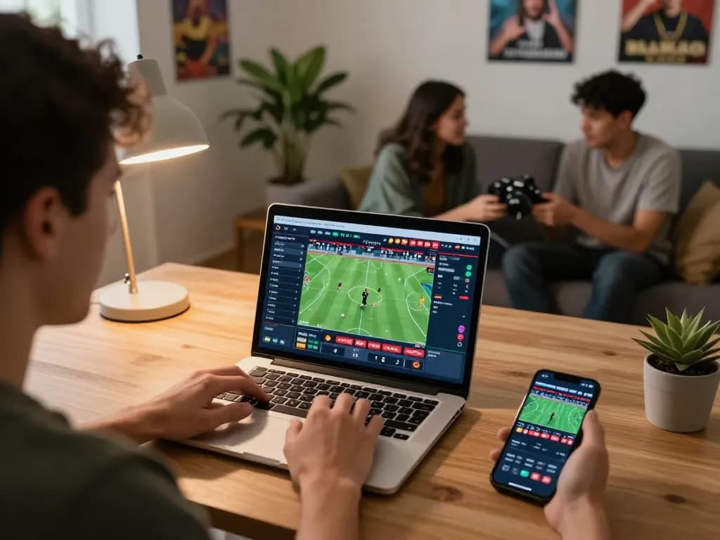 Person engaging in live sports betting using BL555 platform on laptop and smartphone in modern home.