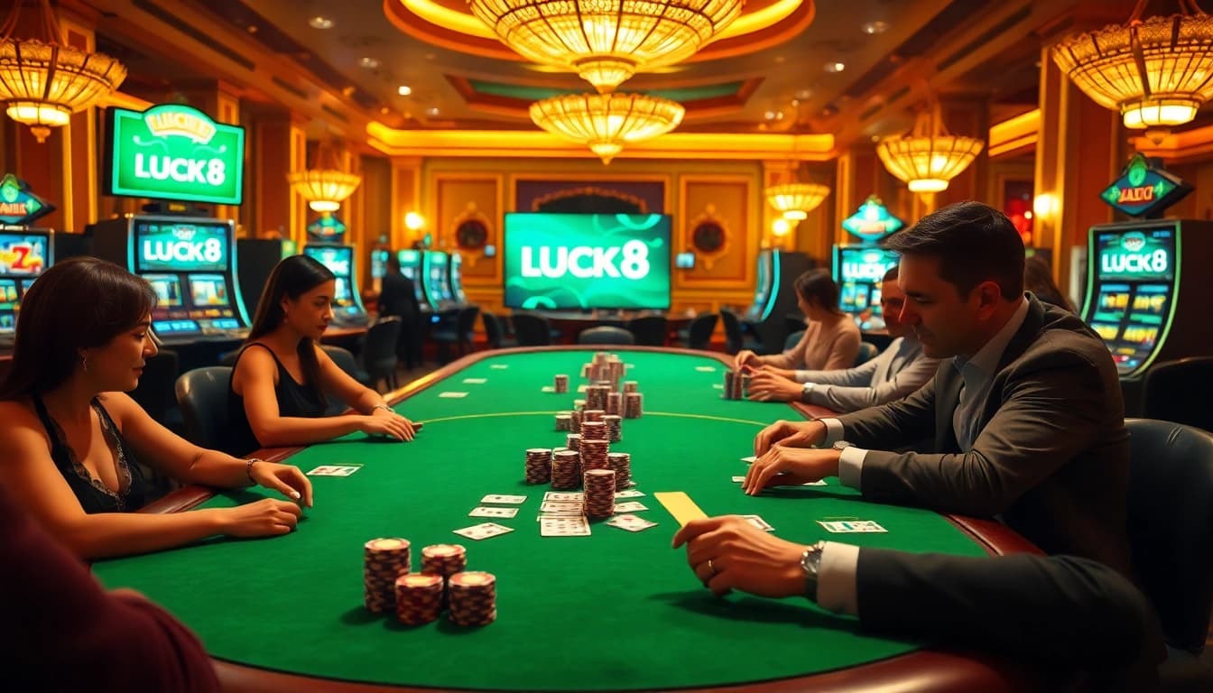 LUCK8 players enjoying strategic fun at an elegant casino table with vibrant poker chips.
