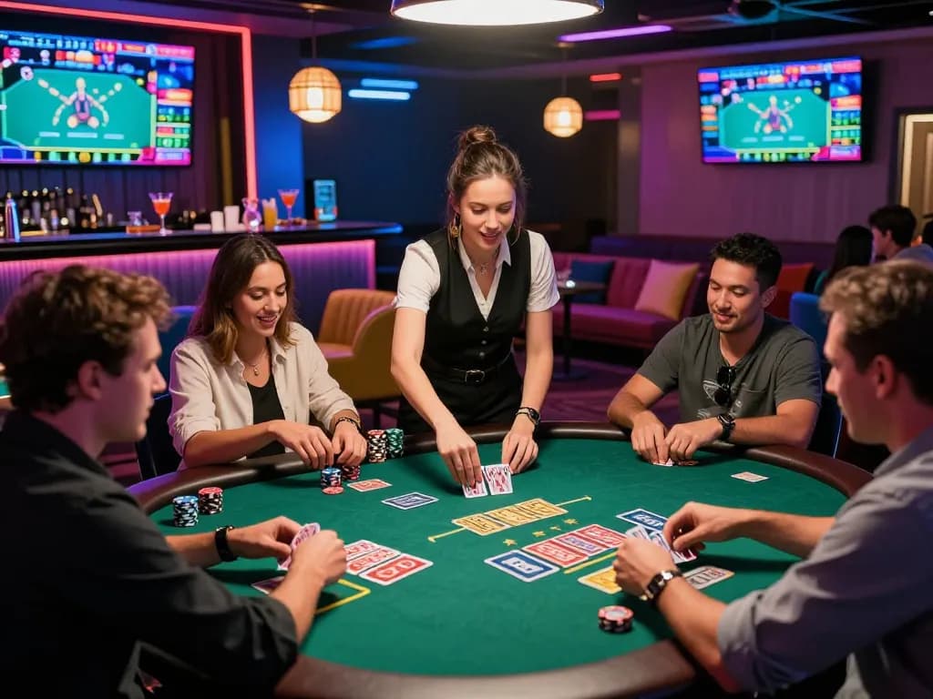 Exciting live casino gaming at https://bong99.pro/ with players enjoying card games in a vibrant lounge.